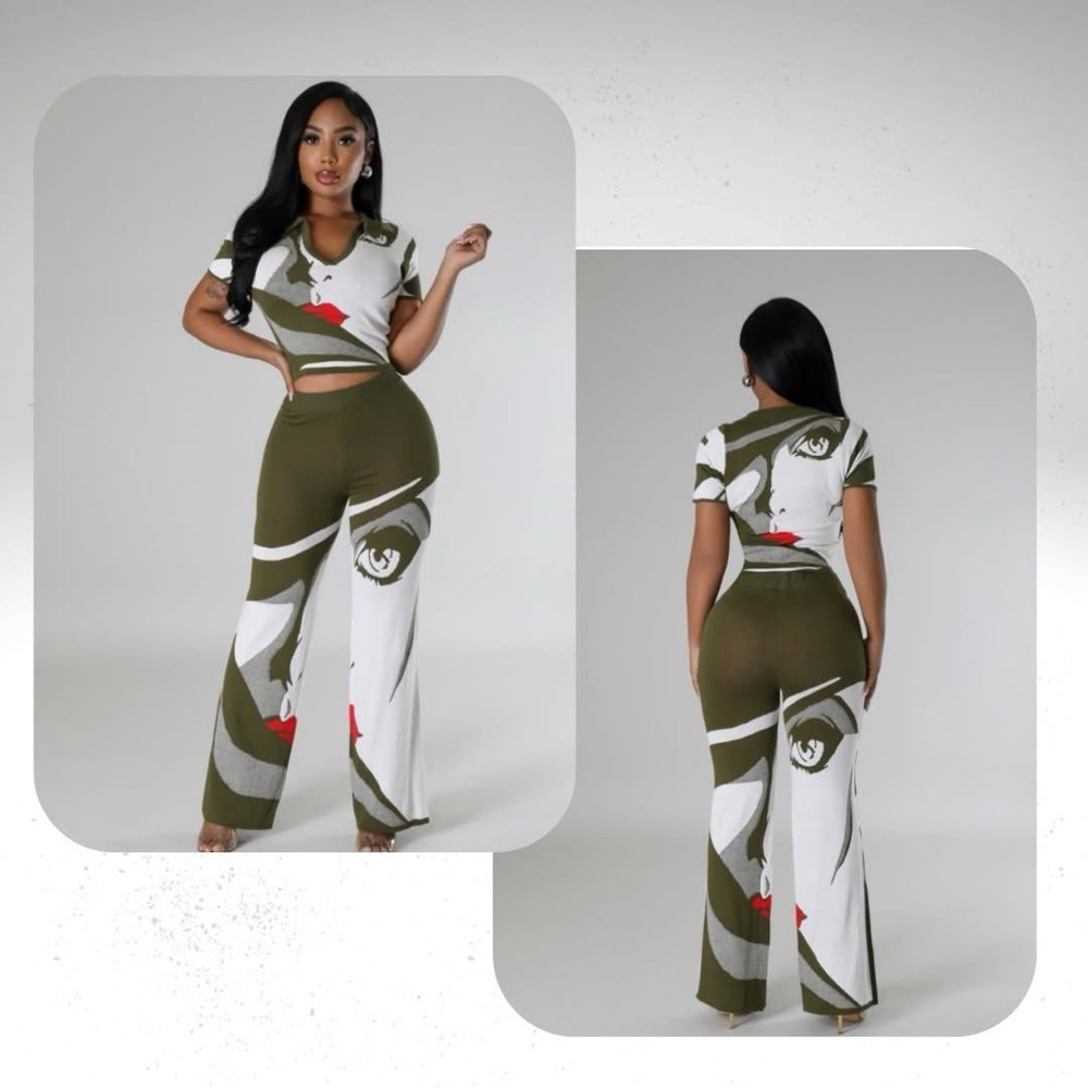 Stylish Green and White Two-Piece Set
